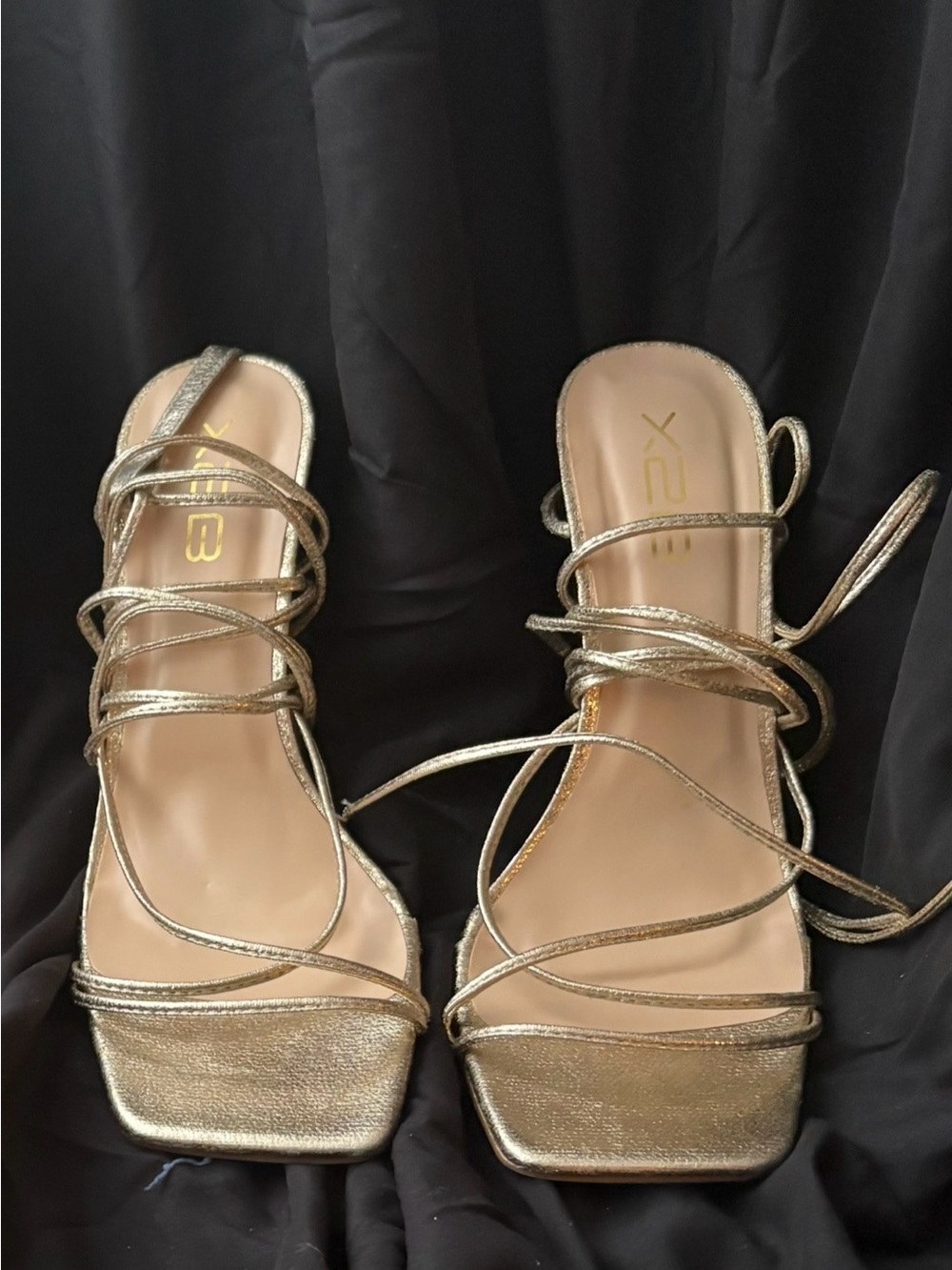 XREB Metallic Gold Lace-Up Strappy Heeled Sandals